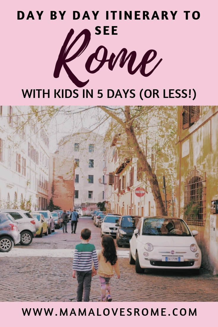 Kids walking on cobblestones in Rome