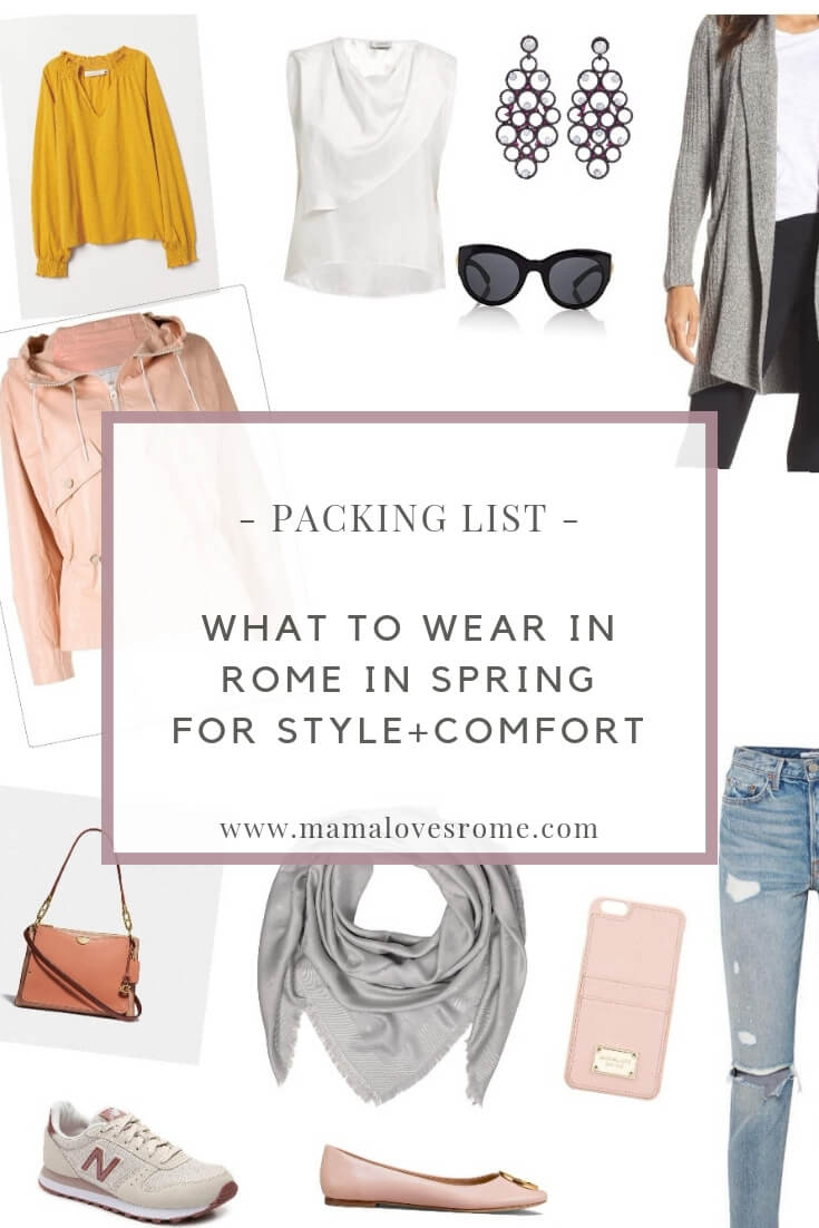 Rome packing list for spring essential items (jeans, scarf, sunglasses, tops)