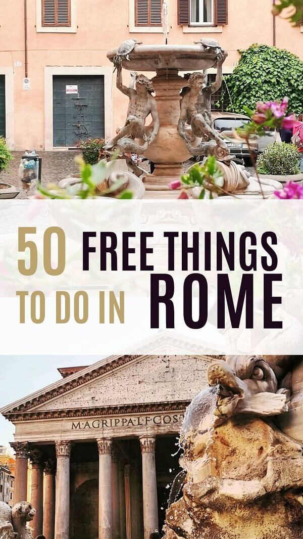 Photo collage piazza Mattei and Piazza del Pantheon Rome with overlay text 50 free things to do in Rome