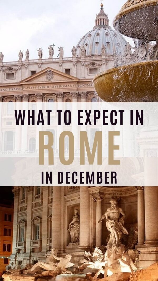 Photo collage with St Peter basiclica and Trevi fountain with overlay text 'What to expect in Rome in December'