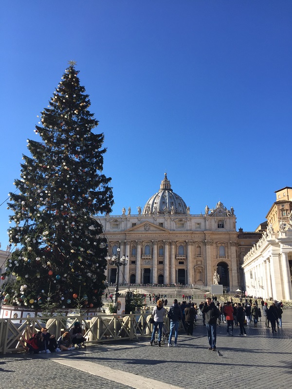 Piazza San Pietro, Vatican City, in December, with tall decorated Christmas tree in front of St Peter's Basilica