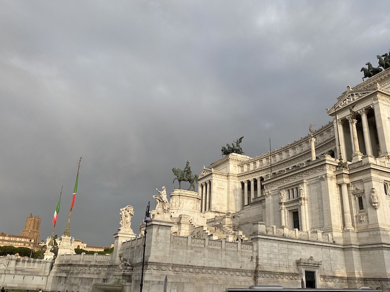 Vittoriano building in Rome in winter against very grey and rainy sky