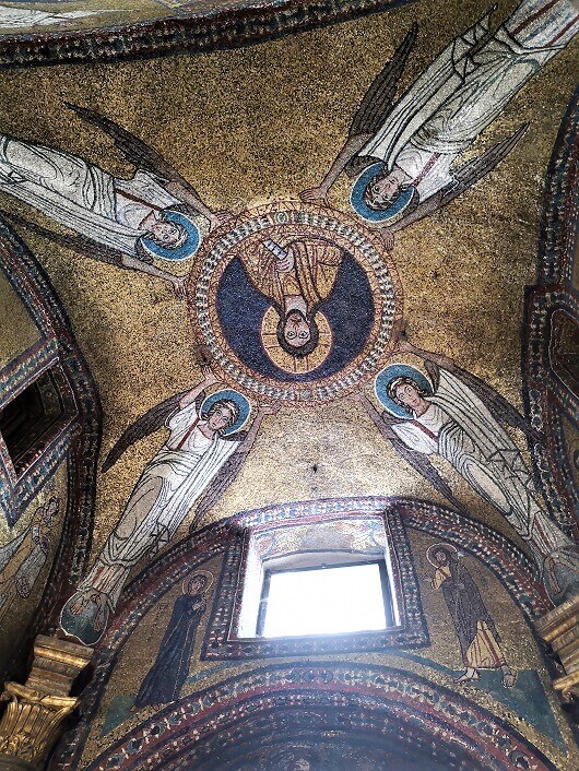 Detail of the mosaic of the Christ Pantocrator in Santa Prassede, Rome, Italy 