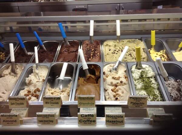 selection of gelato flavours in Rome gelato shop