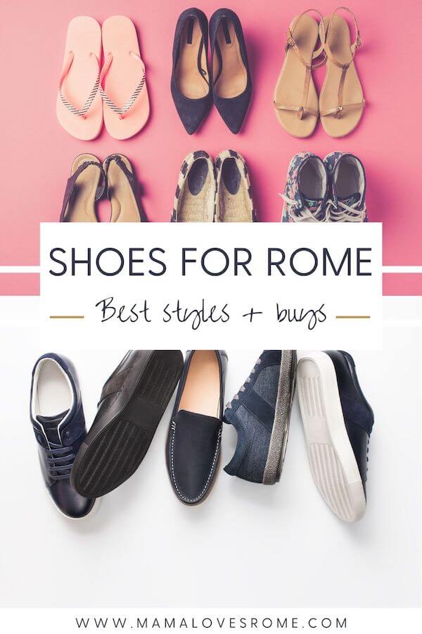 Photo collage of different shoe styles for men and women with text 'The best shoes for Rome' best styles + buys