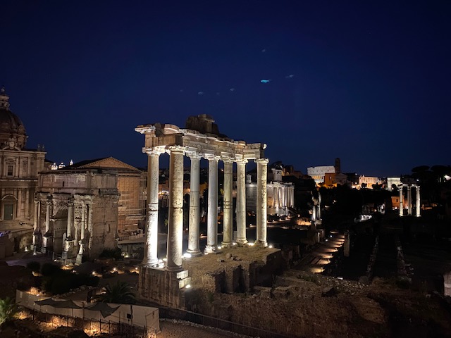 View over Roman Forum at night