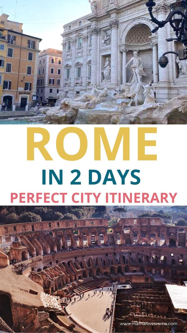 Photo collage with colosseum and Trevi fountain and overlay text: Rome in 2 days perfect itinerary