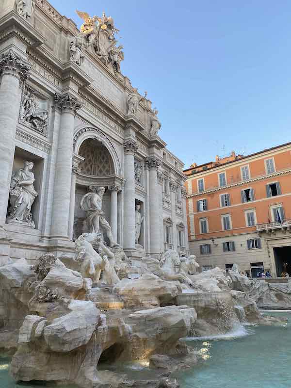 Close up of sculptures on the Trevi Fountain, evening