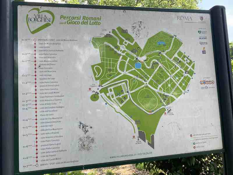 Map of Villa Borghese Gardens in the park: several boards like the one in the photo help with orientation around this large park