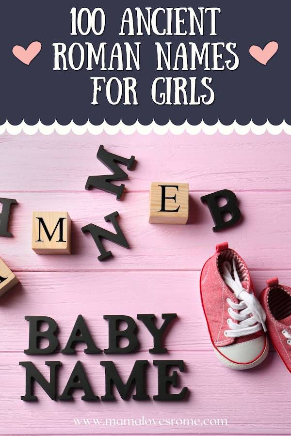 child letters spelling 'baby name' on pink wooden background and overlay text '100 ancient Roman names for girls'