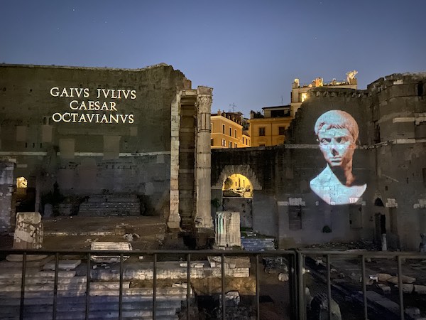 Light show in the Forum of Augustus in Rome, one of hte best things to do in Rome with kids in summer