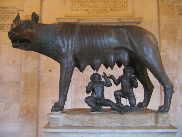 The statue of the Roman she wolf with the twins suckling from her