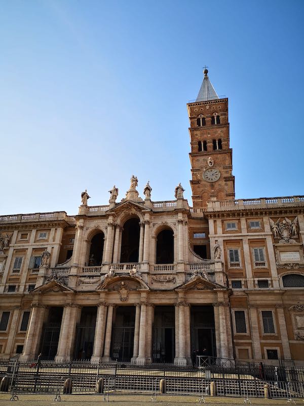 Facade and bell tower of Santa Maria Maggiore Basilica in Rome, Italy