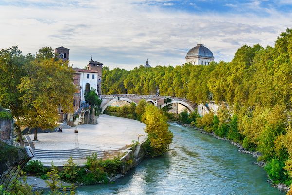 Isola Tiberina, Rome island with Synagogue and trees