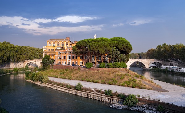 Tiber Island in Rome with hospital, trees and pointy shape