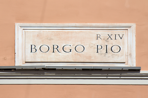 Street Sign reading  borgo Pio with roman numeral XIV