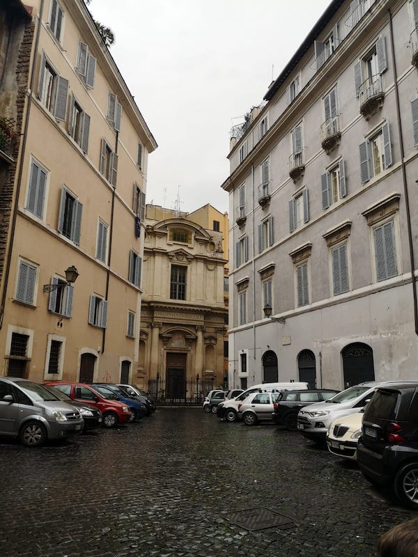 Cobbled street in the Jewish Ghetto of Rome on a rainy day