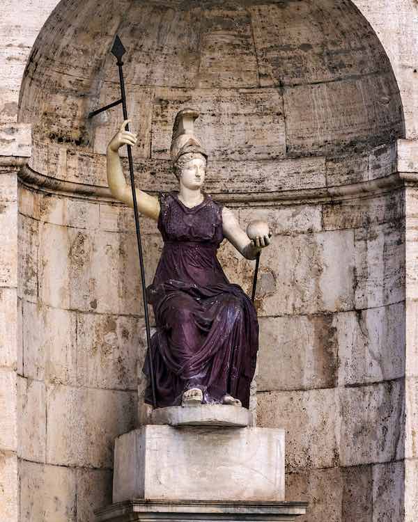 Statue of Roma Minerva on Capitoline Hill she holds a globe, symbolizing Rome power as the center of the world..