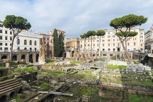 Piazza Argentina in Rome with archaeological area and pine trees