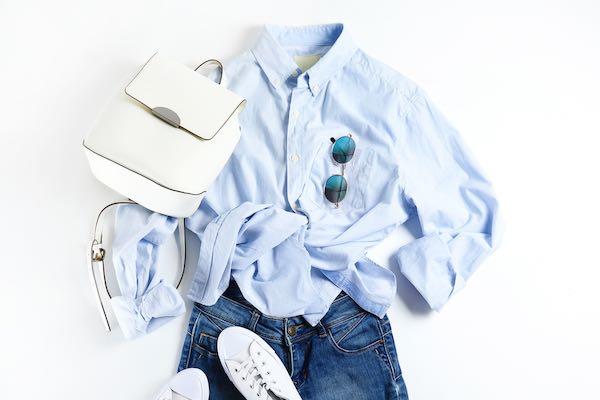 woman spring outfit in light blue