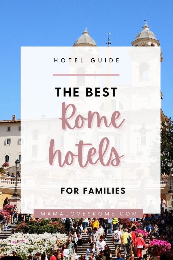 Image of Spanish Steps in Rome with overlay text: hotel guide, the best Rome hotels for families 
