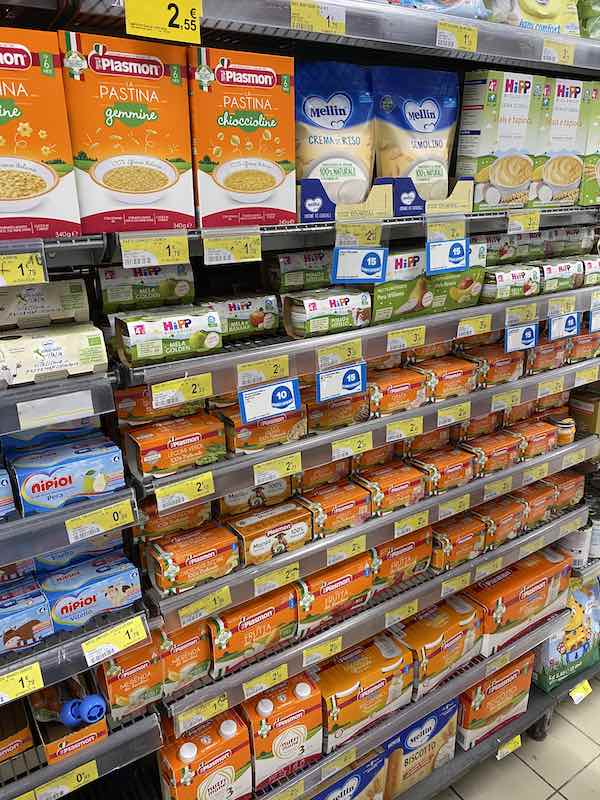 Baby food and weaning products in Rome supermarket