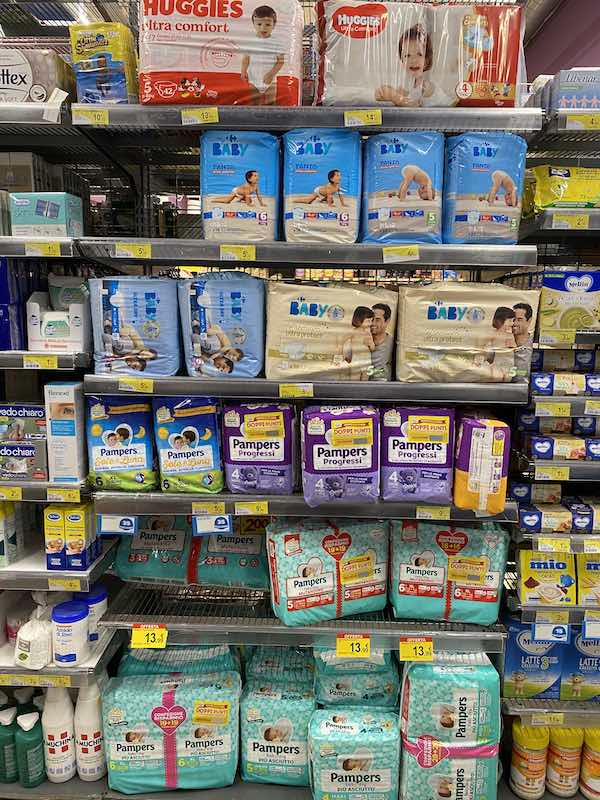 Supermarket shelves in Rome storing baby diapers