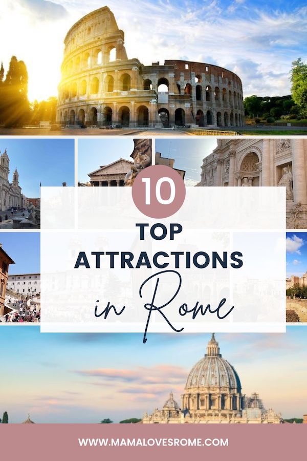 Photo collage of the top ten Rome attractions mentioned in the article with text: 10 top attractions in Rome 