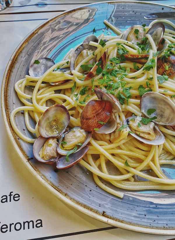 Plate of Pasta alle Vongole from Tribeca cafe, Rome