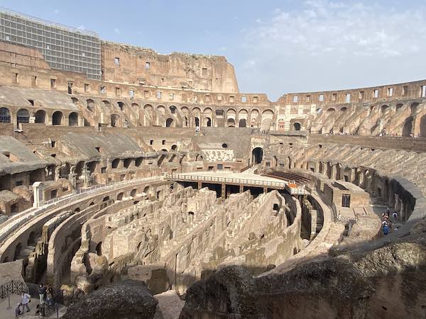 Rome Colosseum inside, with view over the underground tunnels, the arena and the general areas
