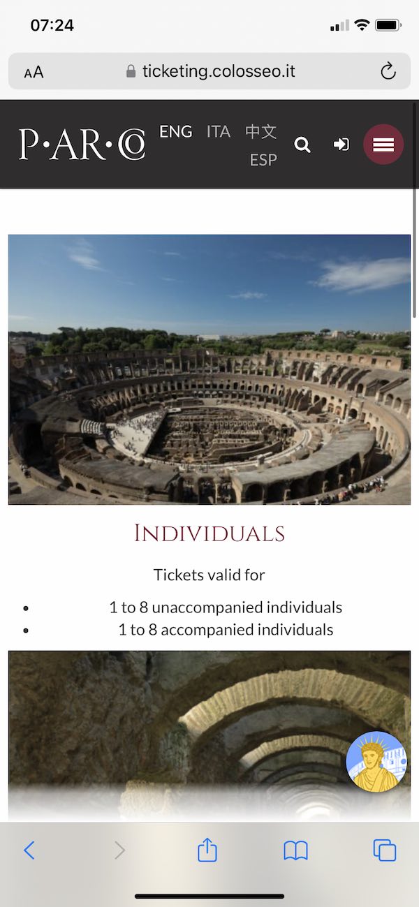 screenshot of the main ticketing page of the colosseum