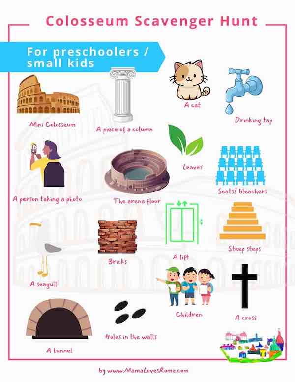 Colosseum scavenger hunt / bingo printable for preschoolers