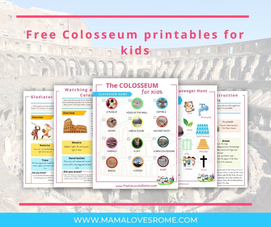 Cover photo for post 'free Colosseum printables for kids' with a preview of the printables as overlay over a photo of the Colosseum